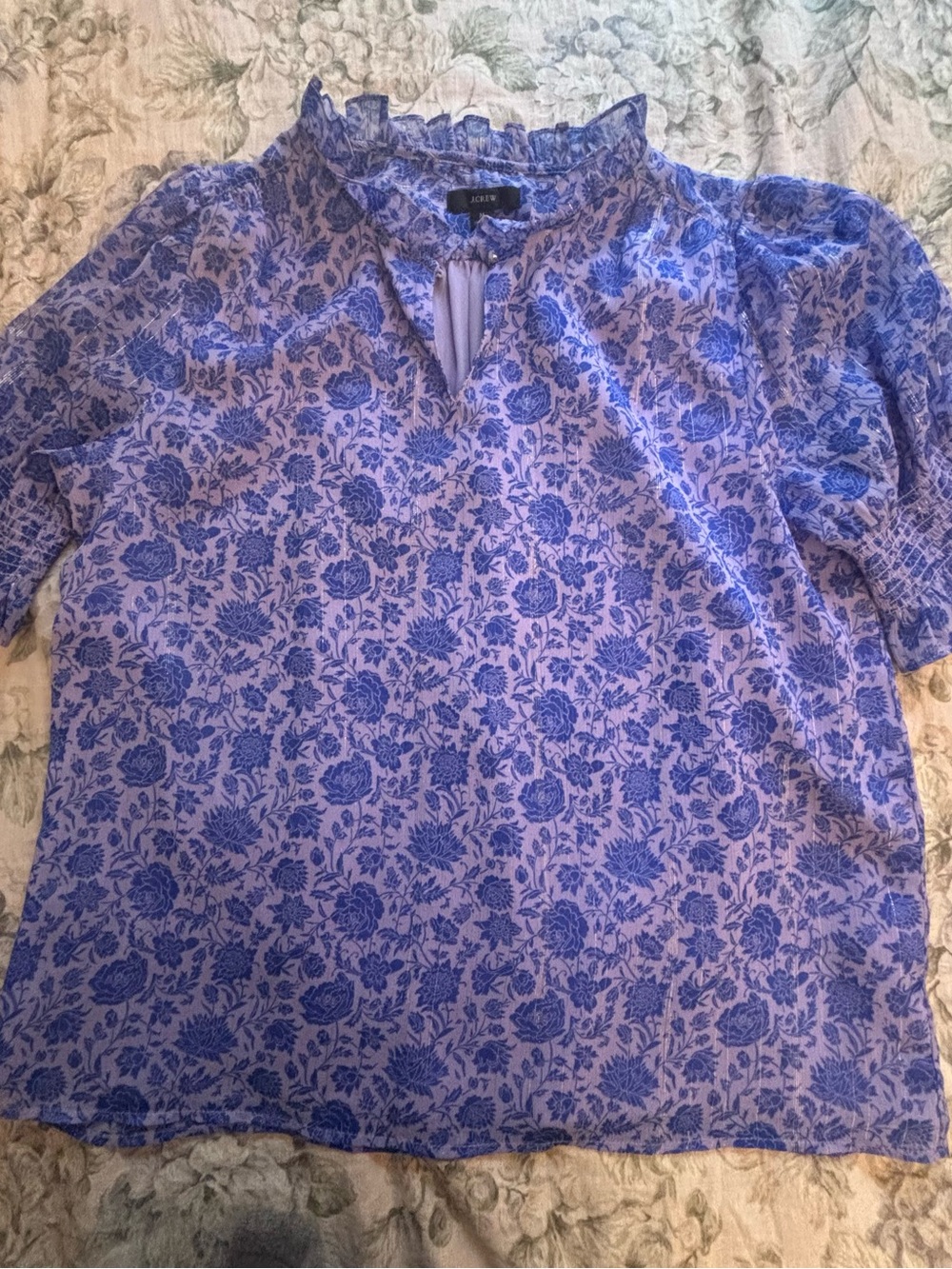 J. Crew Lavender and Blue Floral Ruffle Neck Top
